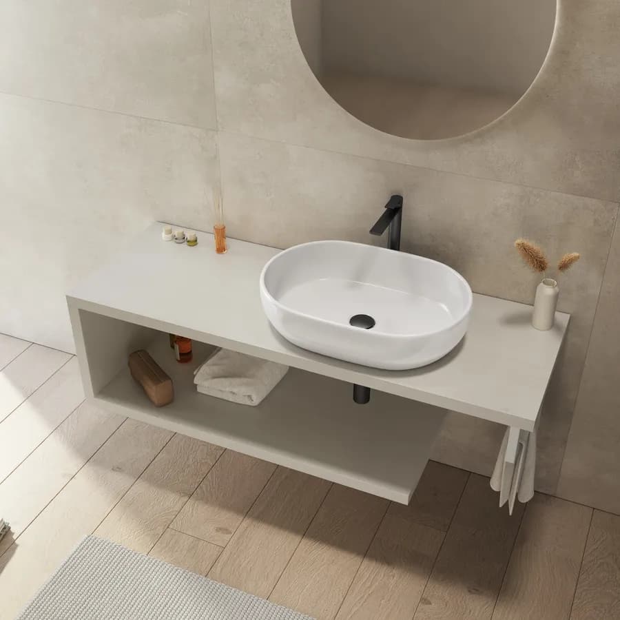 Mensolone bagno 130 cm con ripiano in legno rovere bianco e portasalviette bianco opaco - Plain