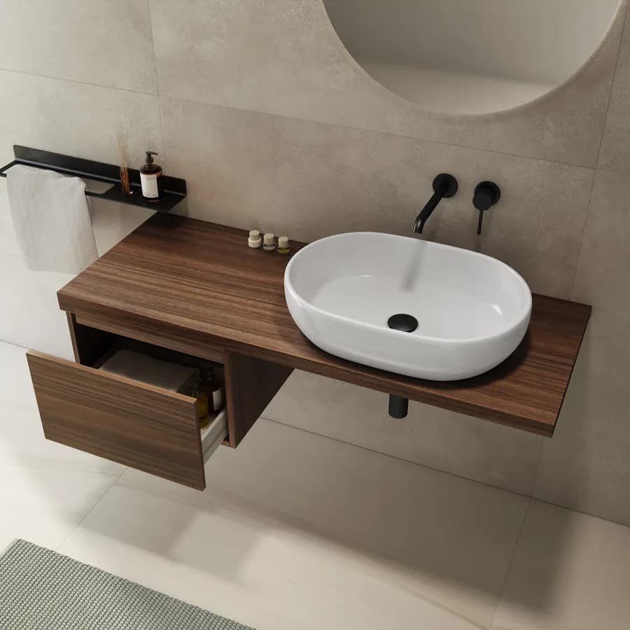 Mensolone bagno 140 cm con cassetto sospeso 50 cm in legno rovere deciso - Plain