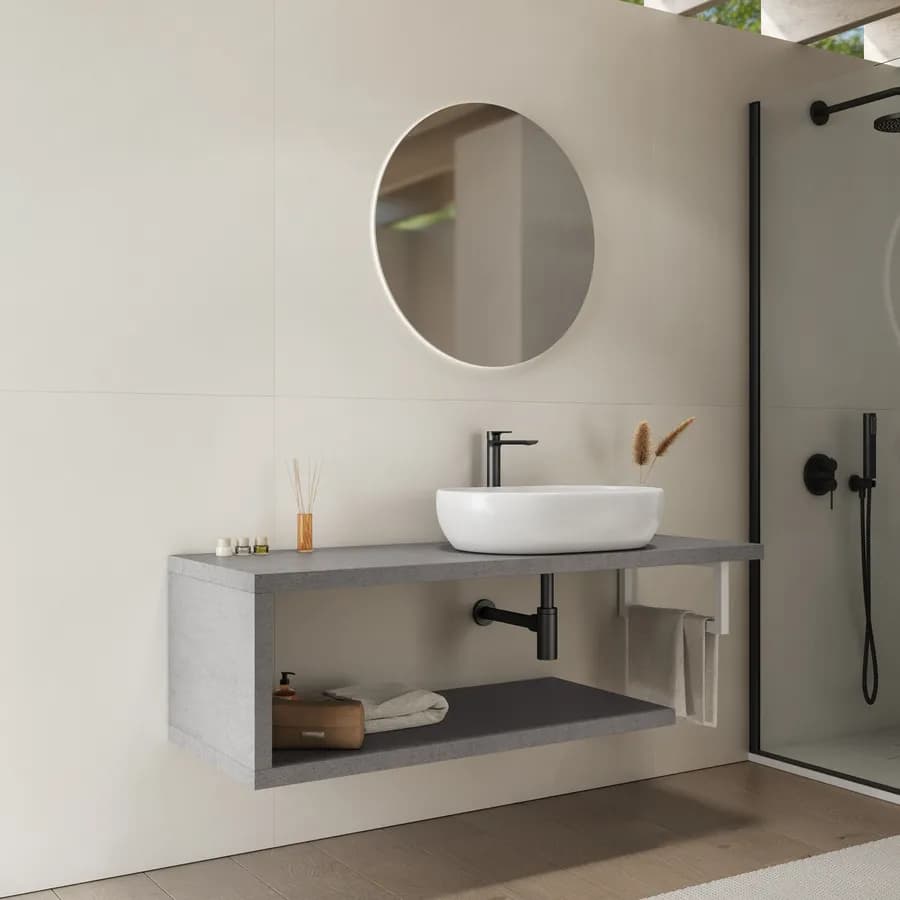 Mensolone bagno 140 cm con ripiano in legno grigio pietra opaco e portasalviette bianco opaco - Plain