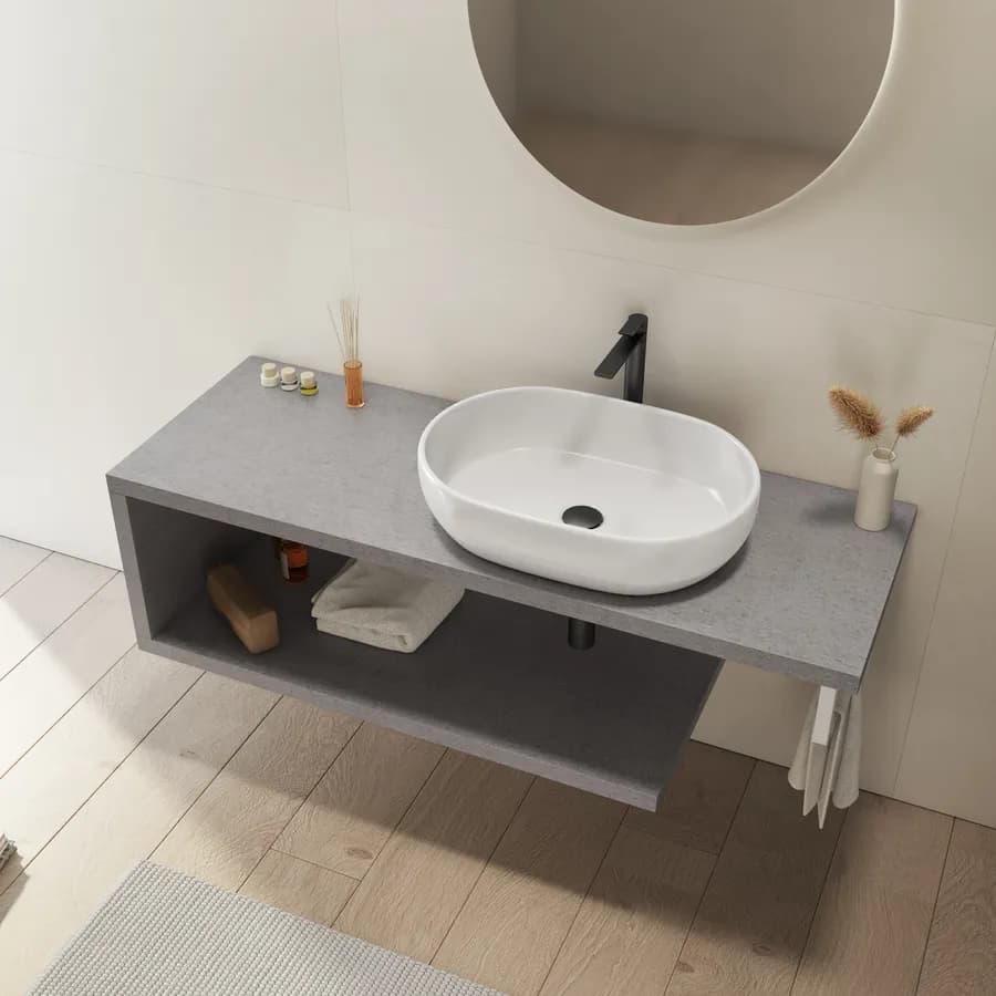 Mensolone bagno 140 cm con ripiano in legno grigio pietra opaco e portasalviette bianco opaco - Plain