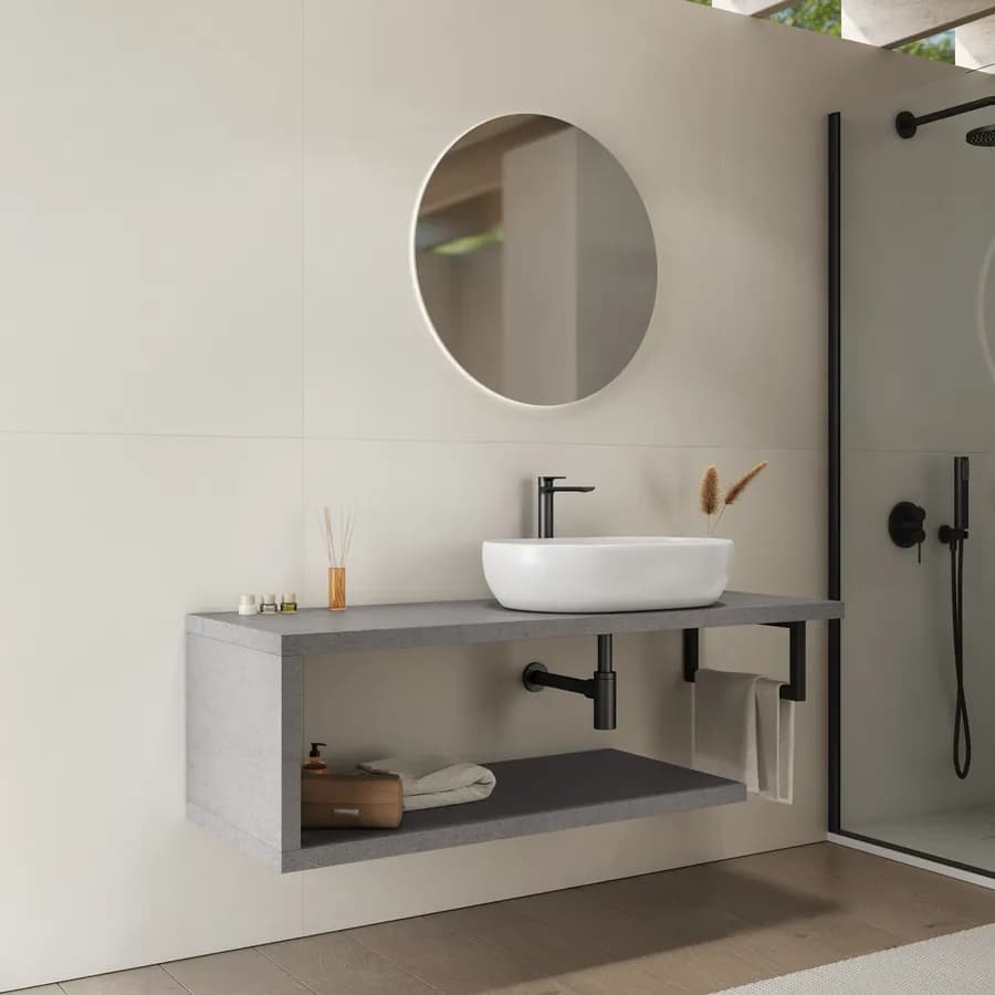 Mensolone bagno 140 cm con ripiano in legno grigio pietra opaco e portasalviette nero opaco - Plain
