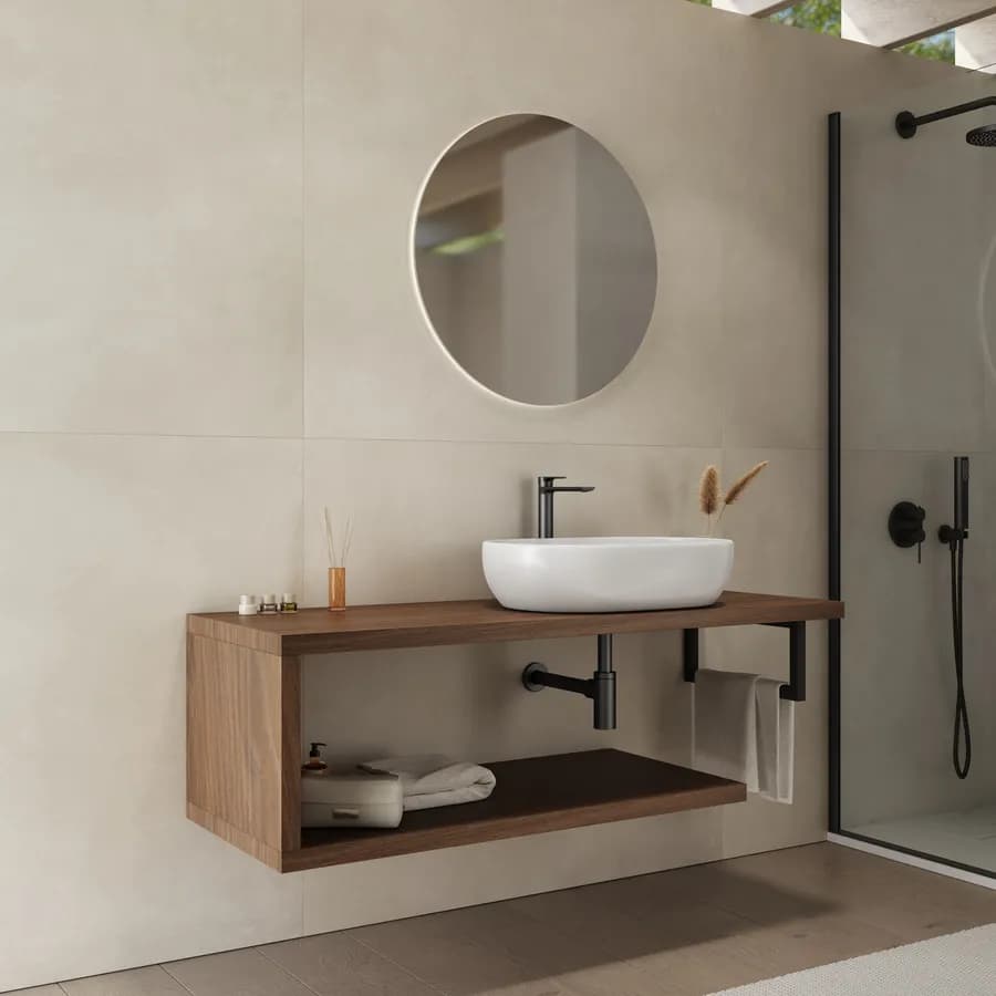 Mensolone bagno 140 cm con ripiano in legno rovere deciso e portasalviette nero opaco - Plain