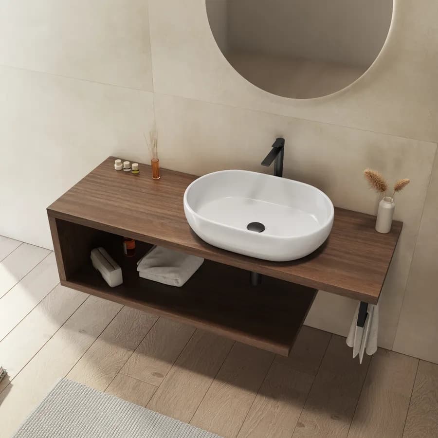 Mensolone bagno 140 cm con ripiano in legno rovere deciso e portasalviette nero opaco - Plain
