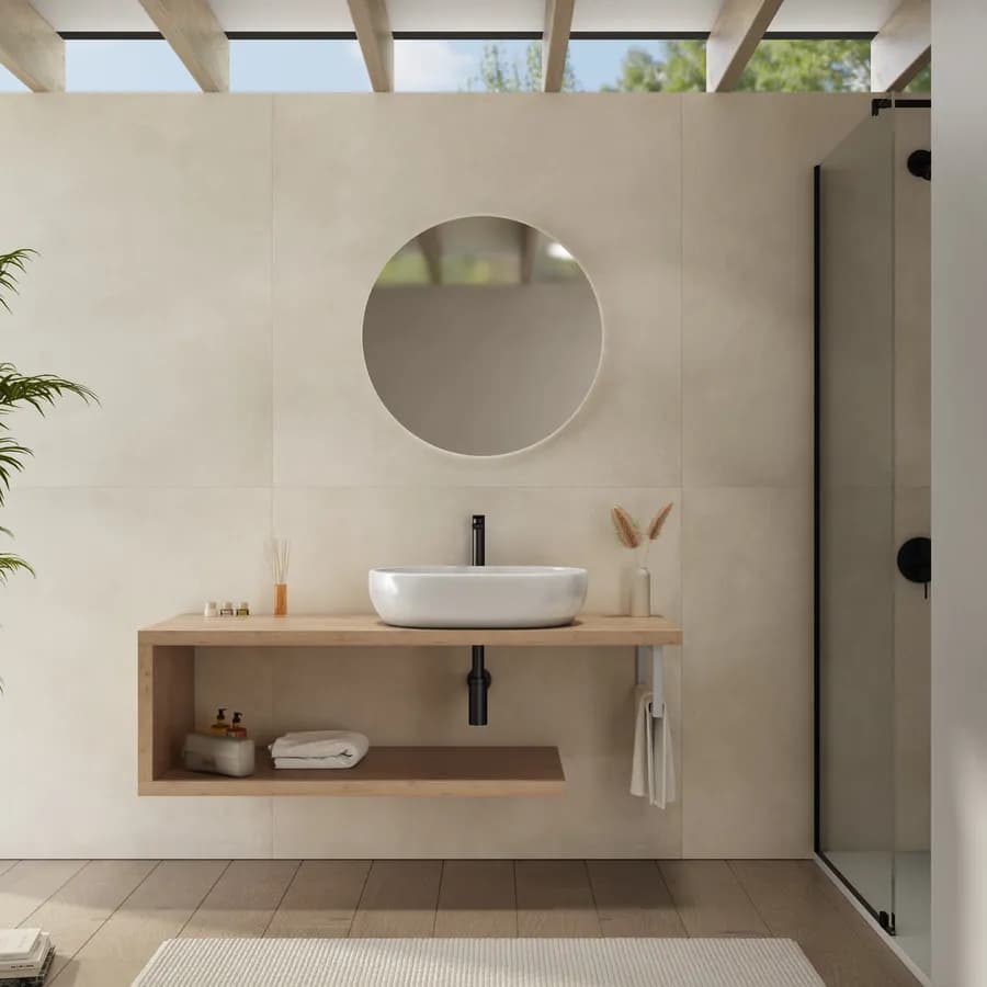 Mensolone bagno 140 cm con ripiano in legno rovere gold e portasalviette bianco opaco - Plain