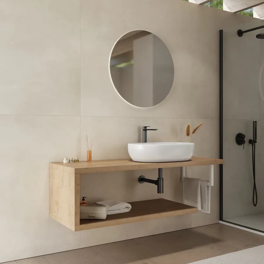 Mensolone bagno 140 cm con ripiano in legno rovere gold e portasalviette bianco opaco - Plain