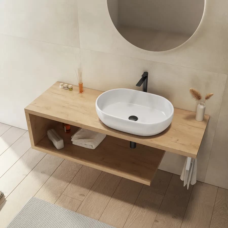 Mensolone bagno 140 cm con ripiano in legno rovere gold e portasalviette bianco opaco - Plain