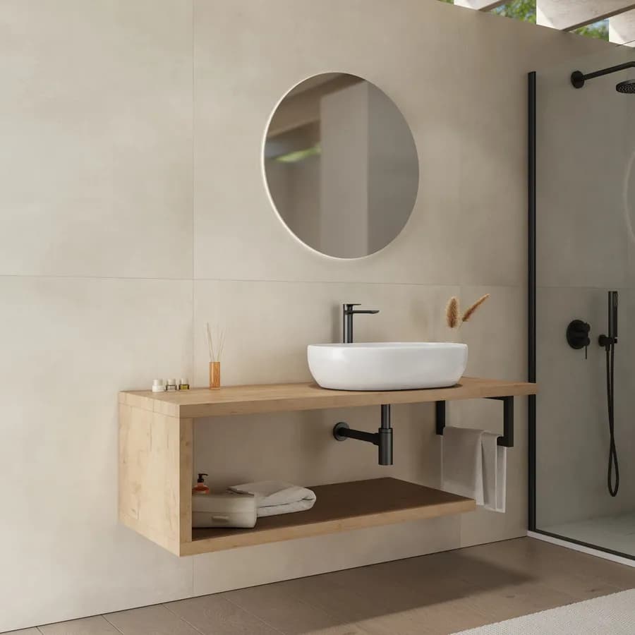 Mensolone bagno 140 cm con ripiano in legno rovere gold e portasalviette nero opaco - Plain