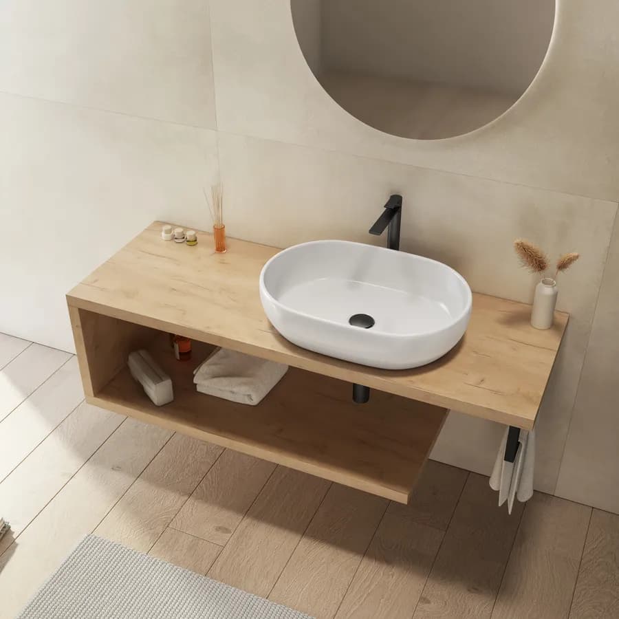 Mensolone bagno 140 cm con ripiano in legno rovere gold e portasalviette nero opaco - Plain