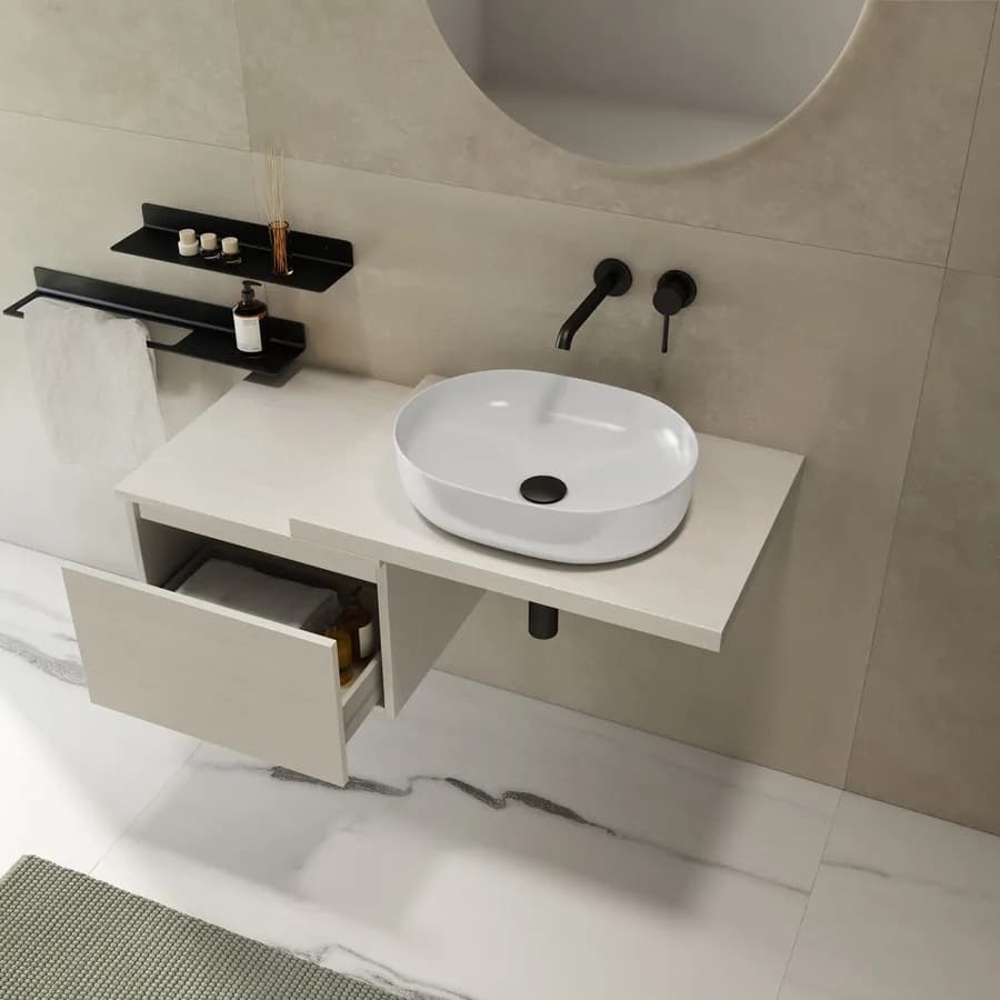 Mensolone bagno 80 cm con cassetto sospeso 50 cm in legno rovere bianco - Plain