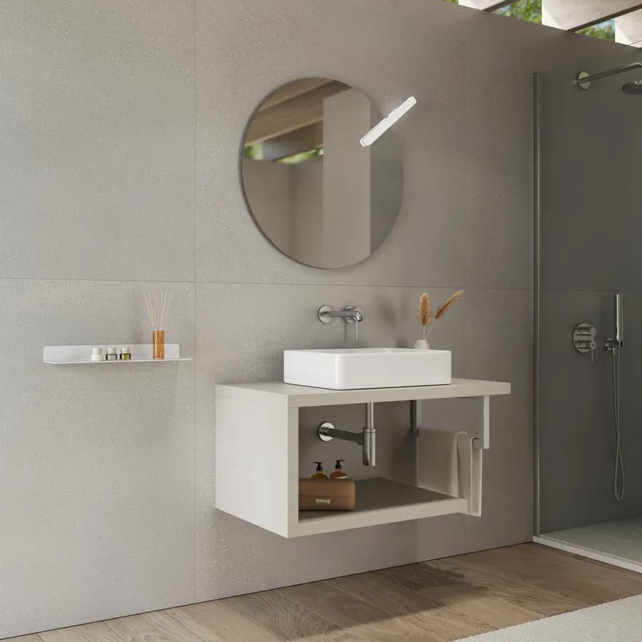 Mensolone bagno 80 cm con ripiano in legno rovere bianco e portasalviette bianco opaco - Plain