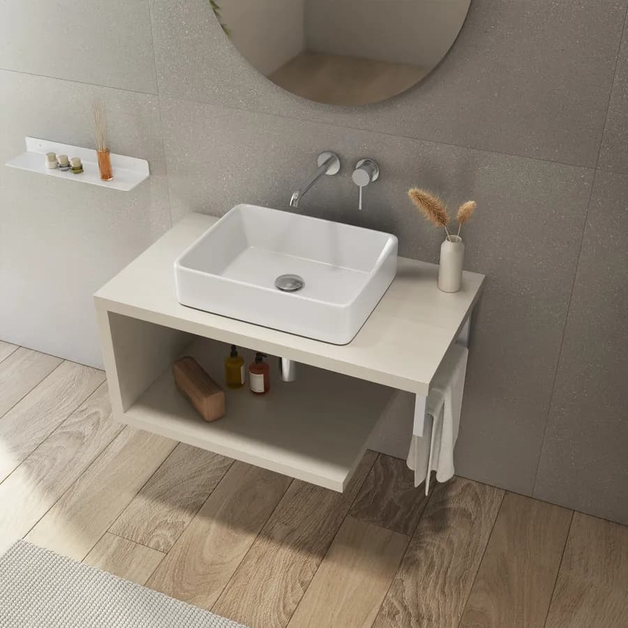 Mensolone bagno 80 cm con ripiano in legno rovere bianco e portasalviette bianco opaco - Plain