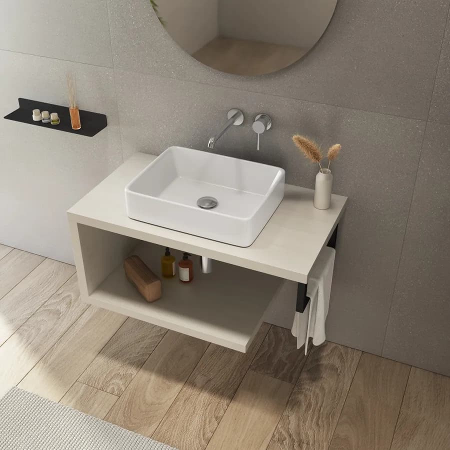 Mensolone bagno 80 cm con ripiano in legno rovere bianco e portasalviette nero opaco - Plain