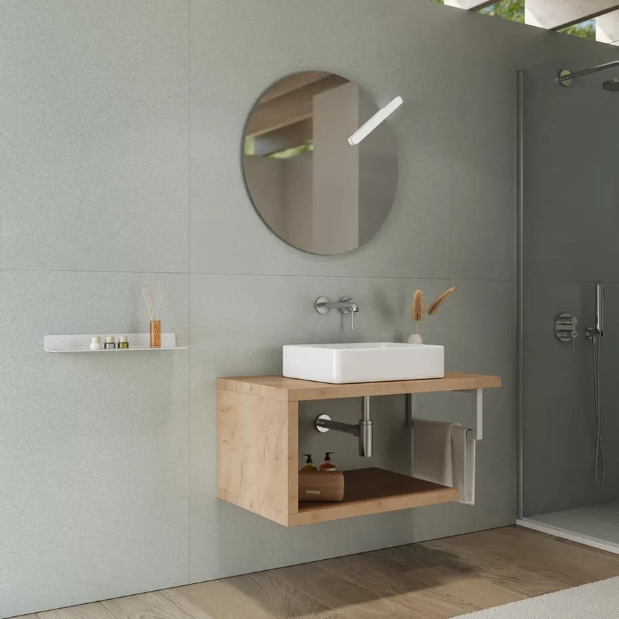 Mensolone bagno 80 cm con ripiano in legno rovere gold e portasalviette bianco opaco - Plain