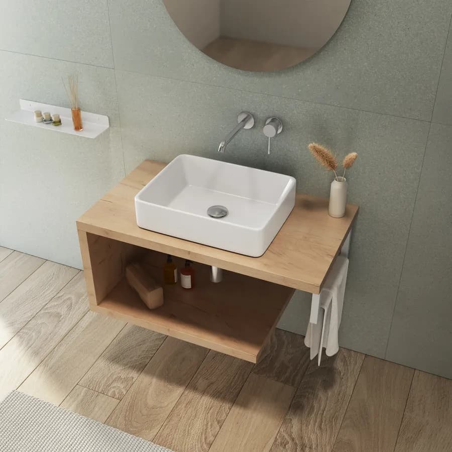 Mensolone bagno 80 cm con ripiano in legno rovere gold e portasalviette bianco opaco - Plain