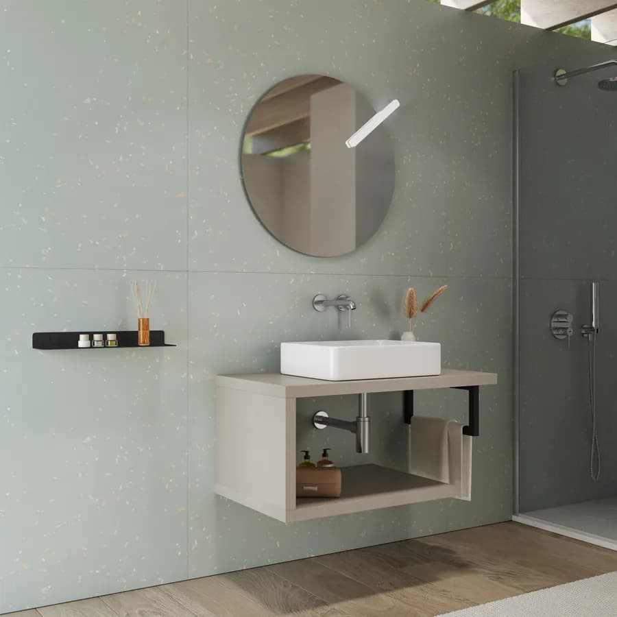Mensolone bagno 90 cm con ripiano in legno argilla e portasalviette nero opaco - Plain