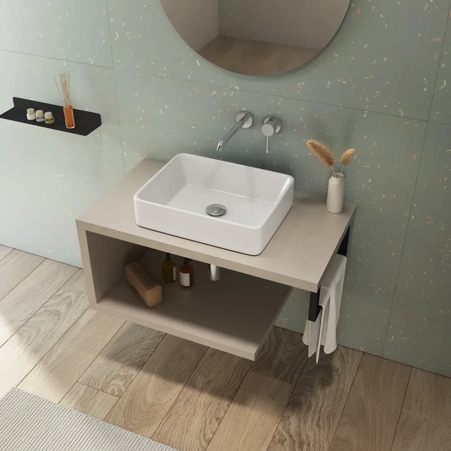 Mensolone bagno 90 cm con ripiano in legno argilla e portasalviette nero opaco - Plain