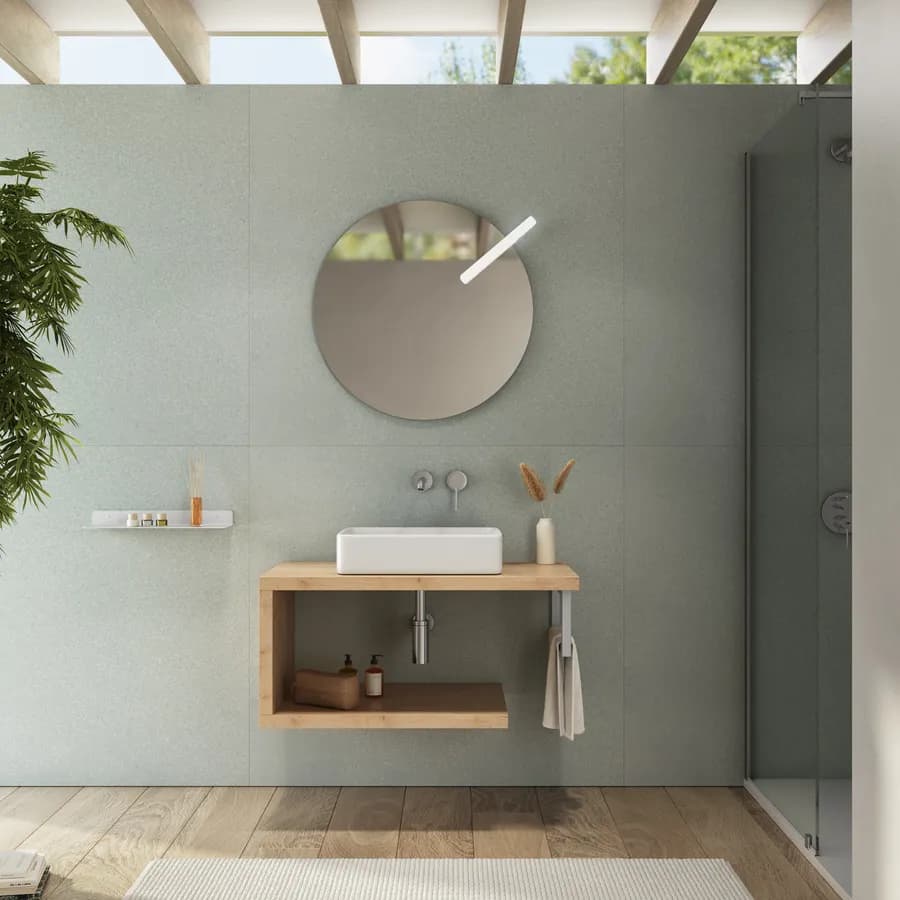 Mensolone bagno 90 cm con ripiano in legno rovere gold e portasalviette bianco opaco - Plain
