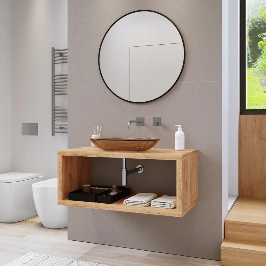 Mensolone bagno sospeso 100 cm con vano a giorno in legno rovere gold - Plain
