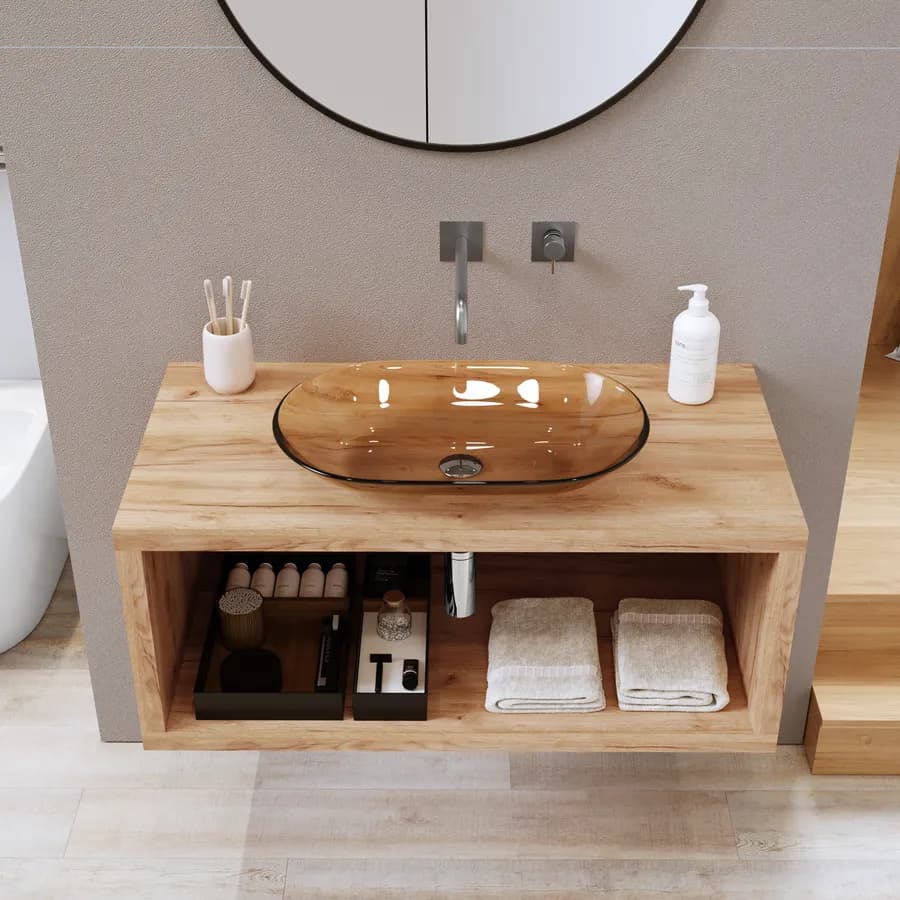 Mensolone bagno sospeso 100 cm con vano a giorno in legno rovere gold - Plain