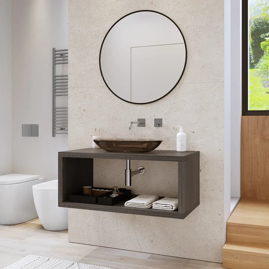 Mensolone bagno sospeso 110 cm con vano a giorno in legno rovere grigio - Plain