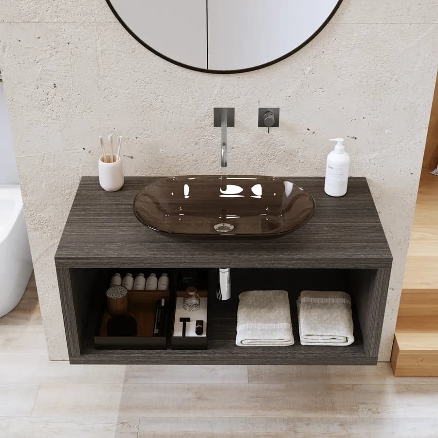 Mensolone bagno sospeso 110 cm con vano a giorno in legno rovere grigio - Plain
