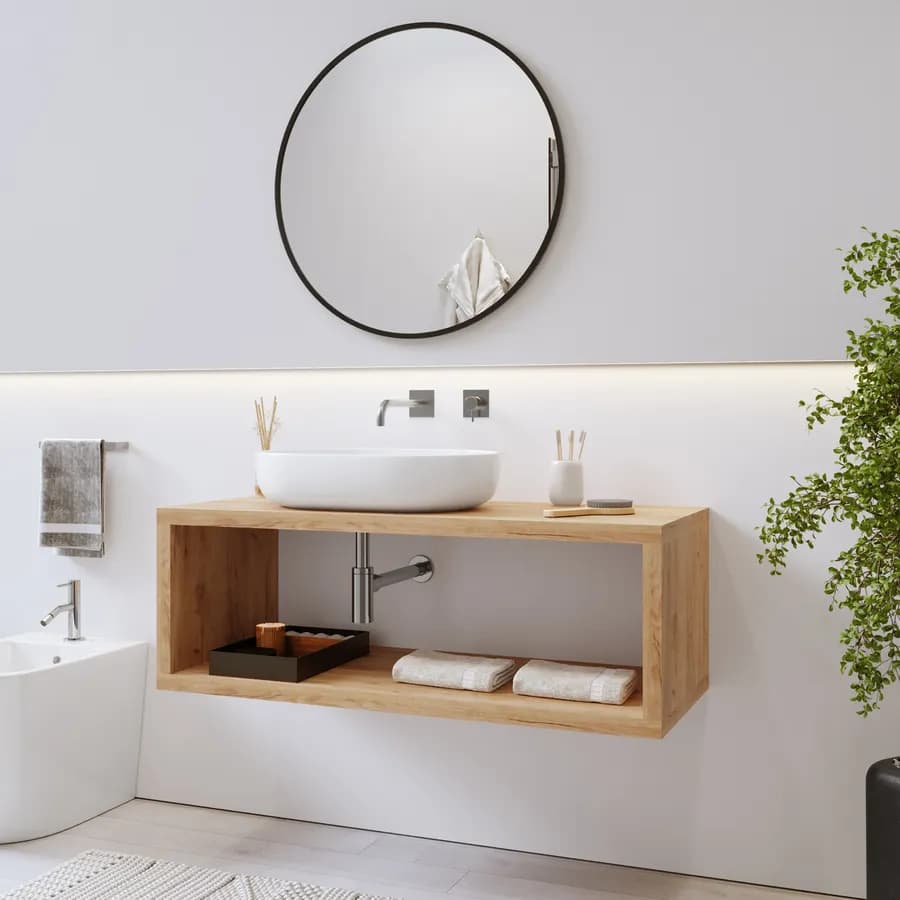 Mensolone bagno sospeso 130 cm con vano a giorno in legno rovere gold - Plain