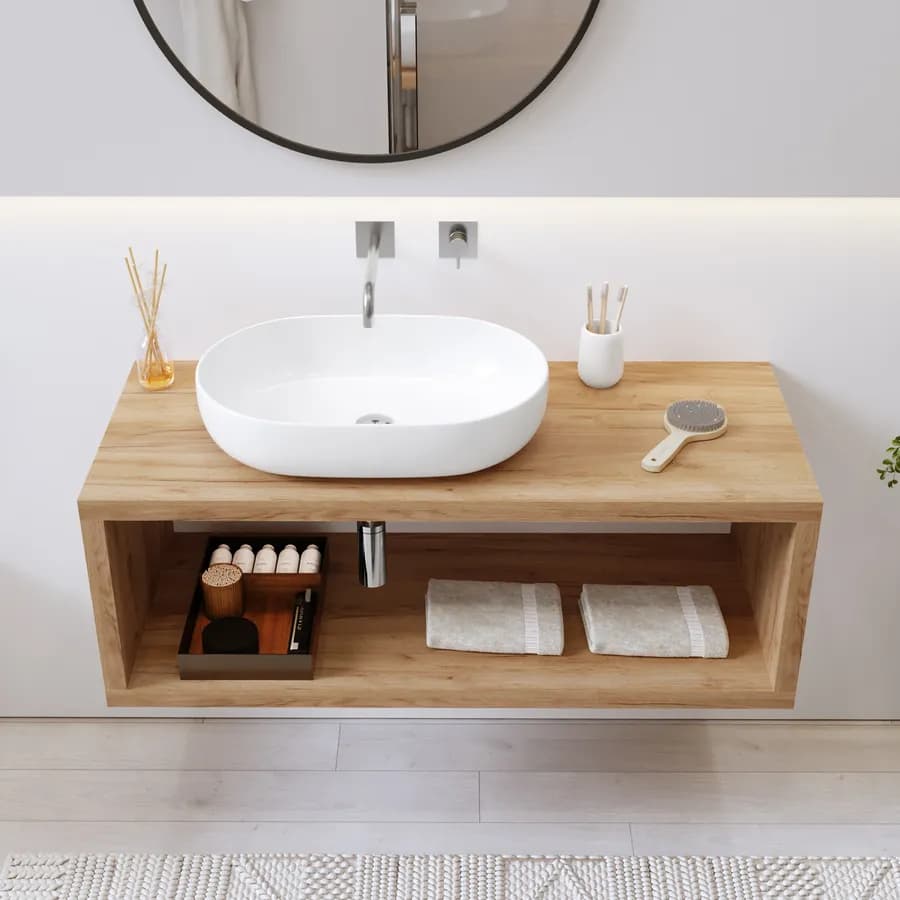 Mensolone bagno sospeso 130 cm con vano a giorno in legno rovere gold - Plain