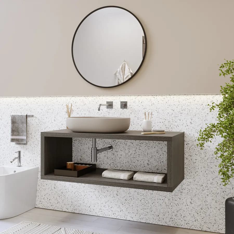 Mensolone bagno sospeso 130 cm con vano a giorno in legno rovere grigio - Plain