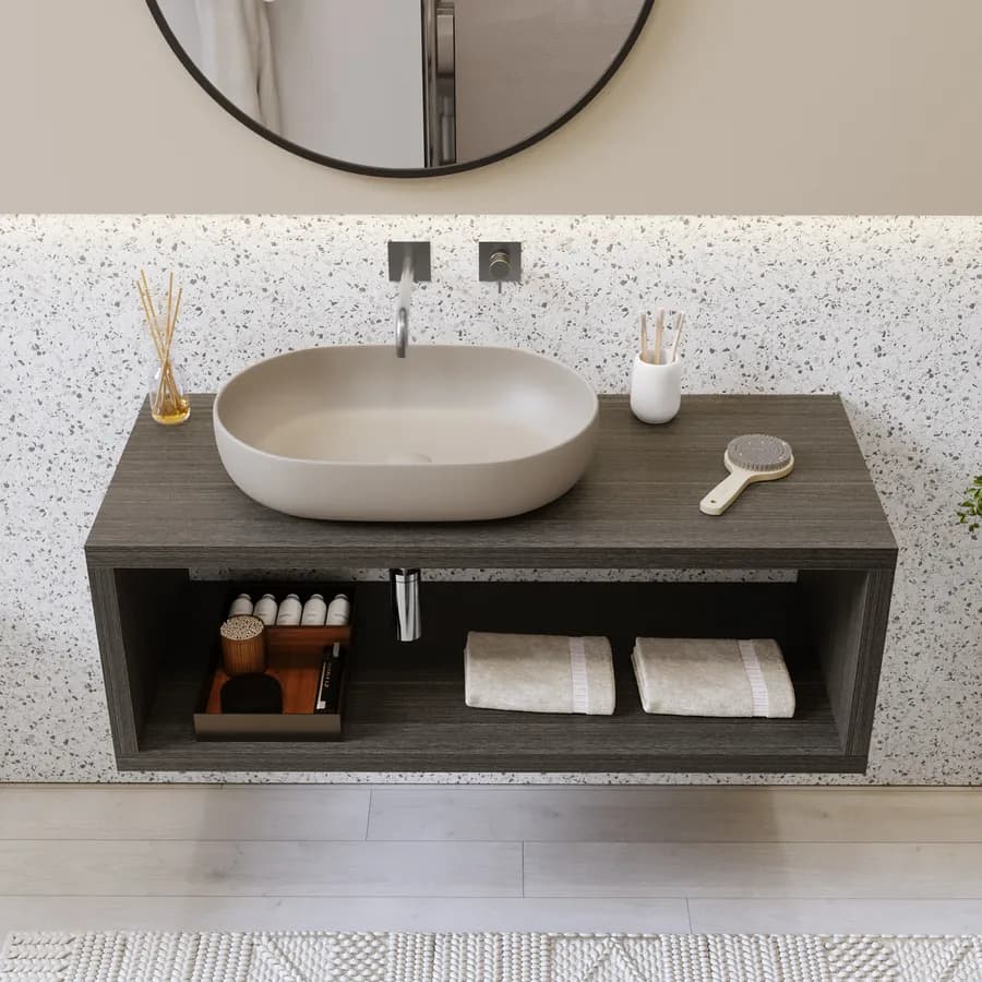 Mensolone bagno sospeso 130 cm con vano a giorno in legno rovere grigio - Plain