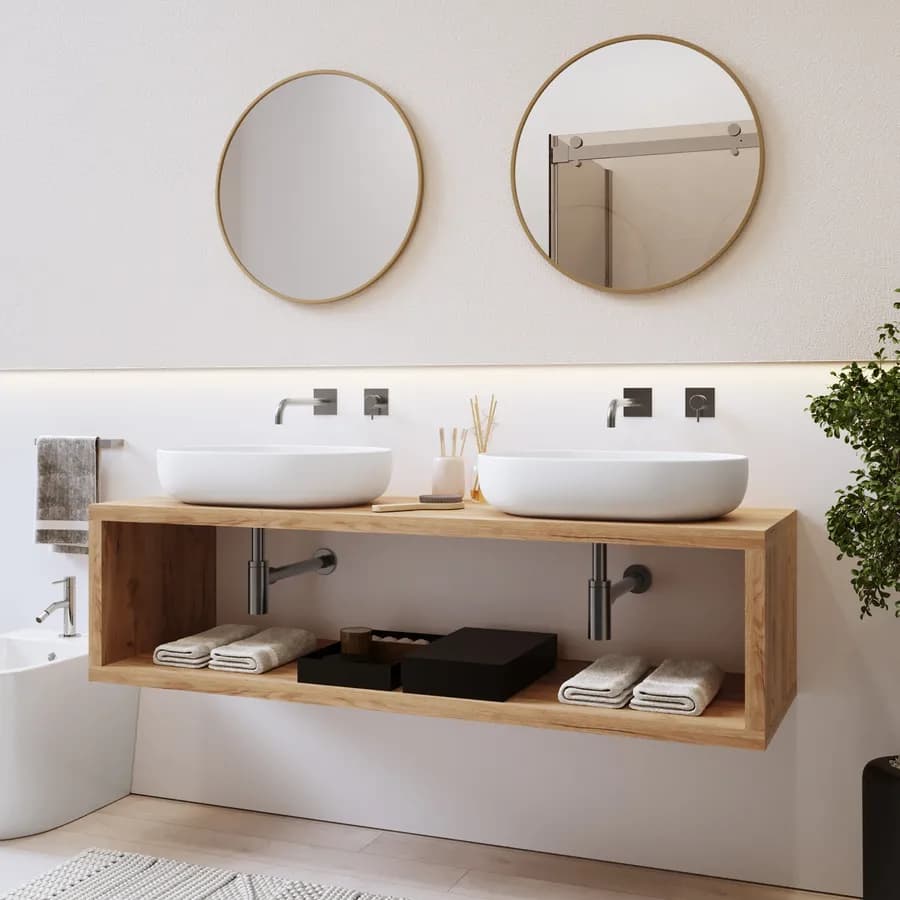 Mensolone bagno sospeso 150 cm con vano a giorno in legno rovere gold - Plain