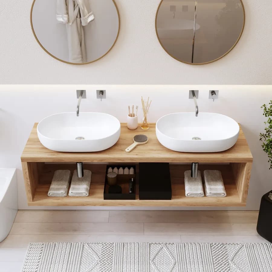Mensolone bagno sospeso 160 cm con vano a giorno in legno rovere gold - Plain