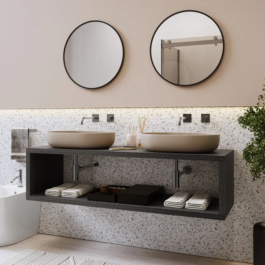 Mensolone bagno sospeso 160 cm con vano a giorno in legno rovere grigio - Plain