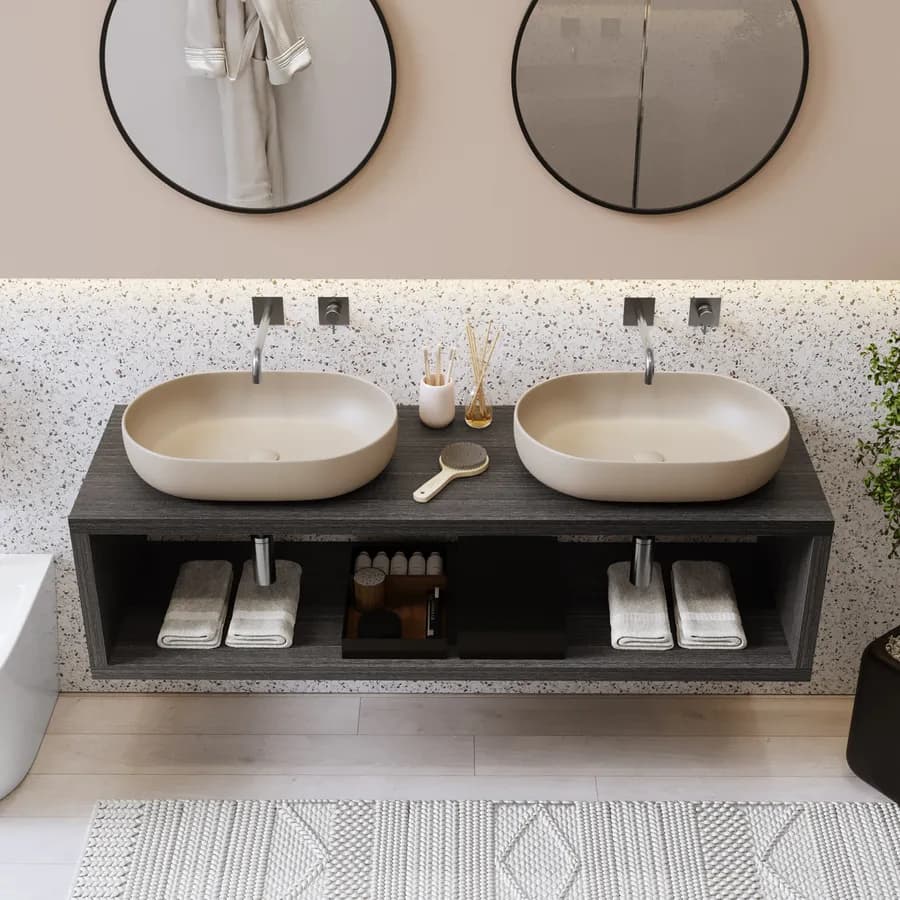 Mensolone bagno sospeso 160 cm con vano a giorno in legno rovere grigio - Plain