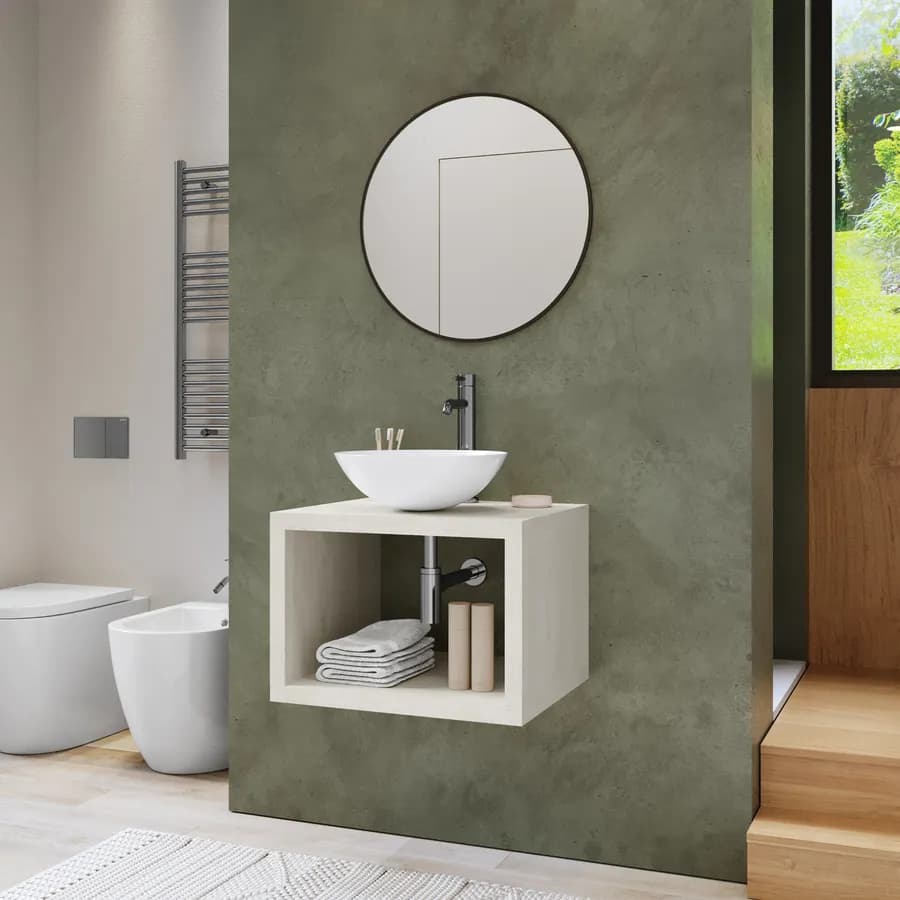 Mensolone bagno sospeso 60 cm con vano a giorno in legno rovere bianco - Plain