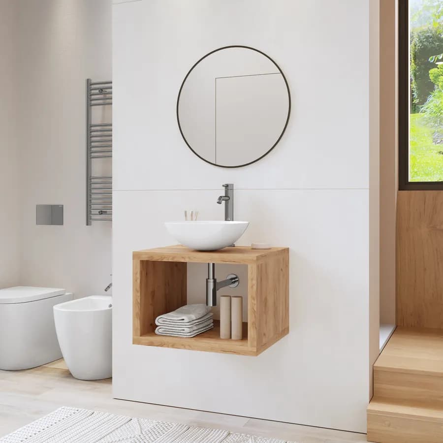 Mensolone bagno sospeso 60 cm con vano a giorno in legno rovere gold - Plain