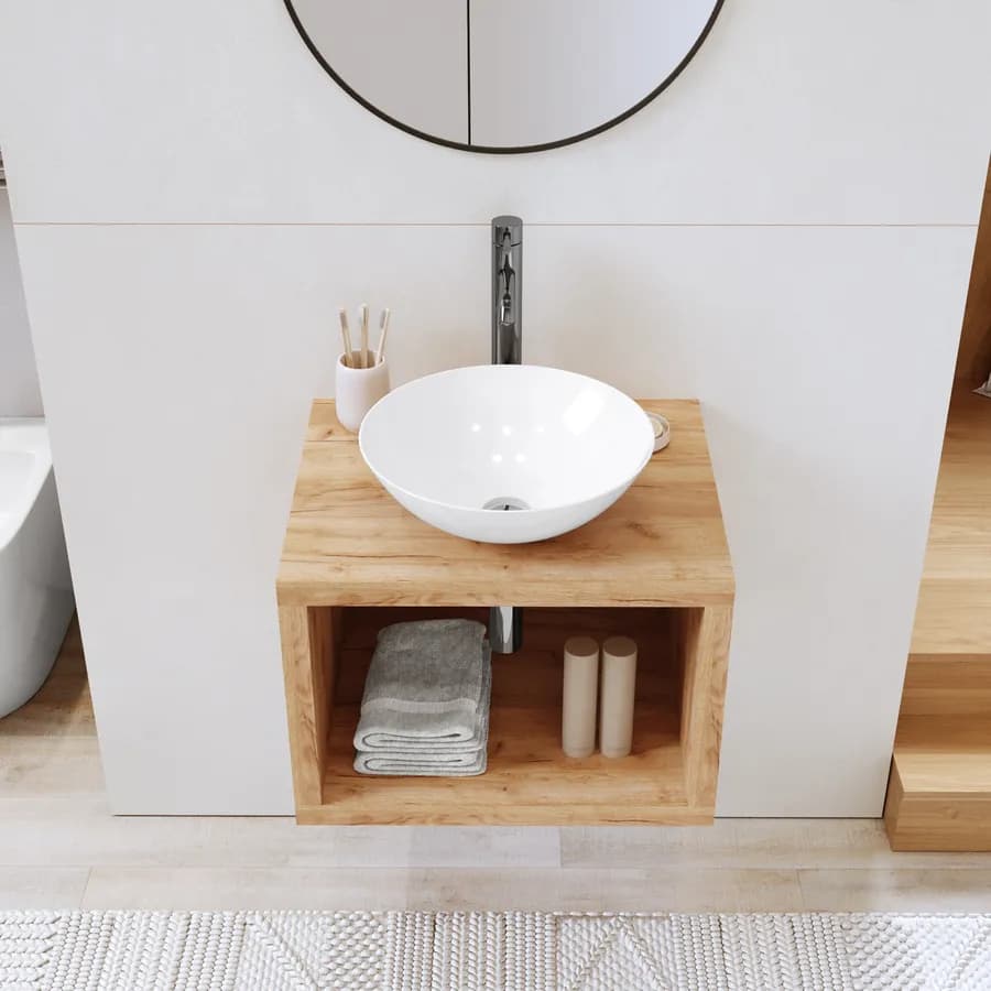 Mensolone bagno sospeso 60 cm con vano a giorno in legno rovere gold - Plain