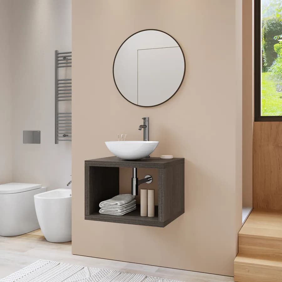 Mensolone bagno sospeso 60 cm con vano a giorno in legno rovere grigio - Plain