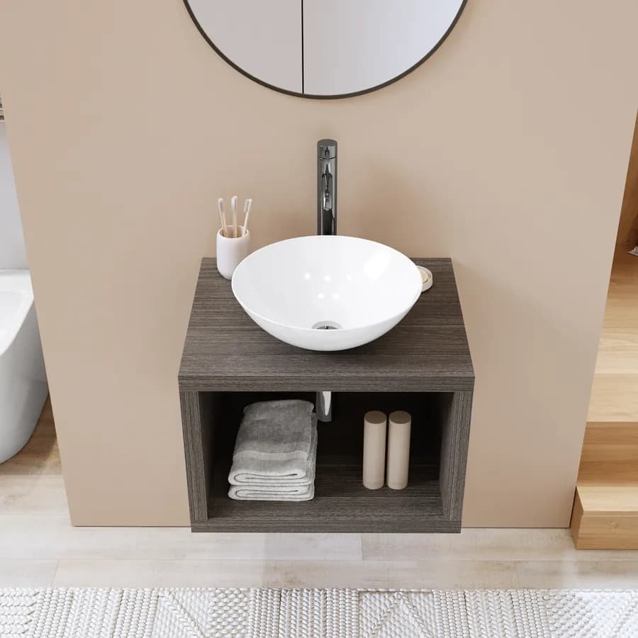 Mensolone bagno sospeso 60 cm con vano a giorno in legno rovere grigio - Plain
