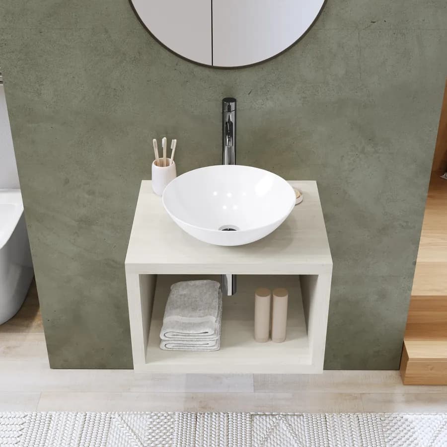 Mensolone bagno sospeso 70 cm con vano a giorno in legno rovere bianco - Plain