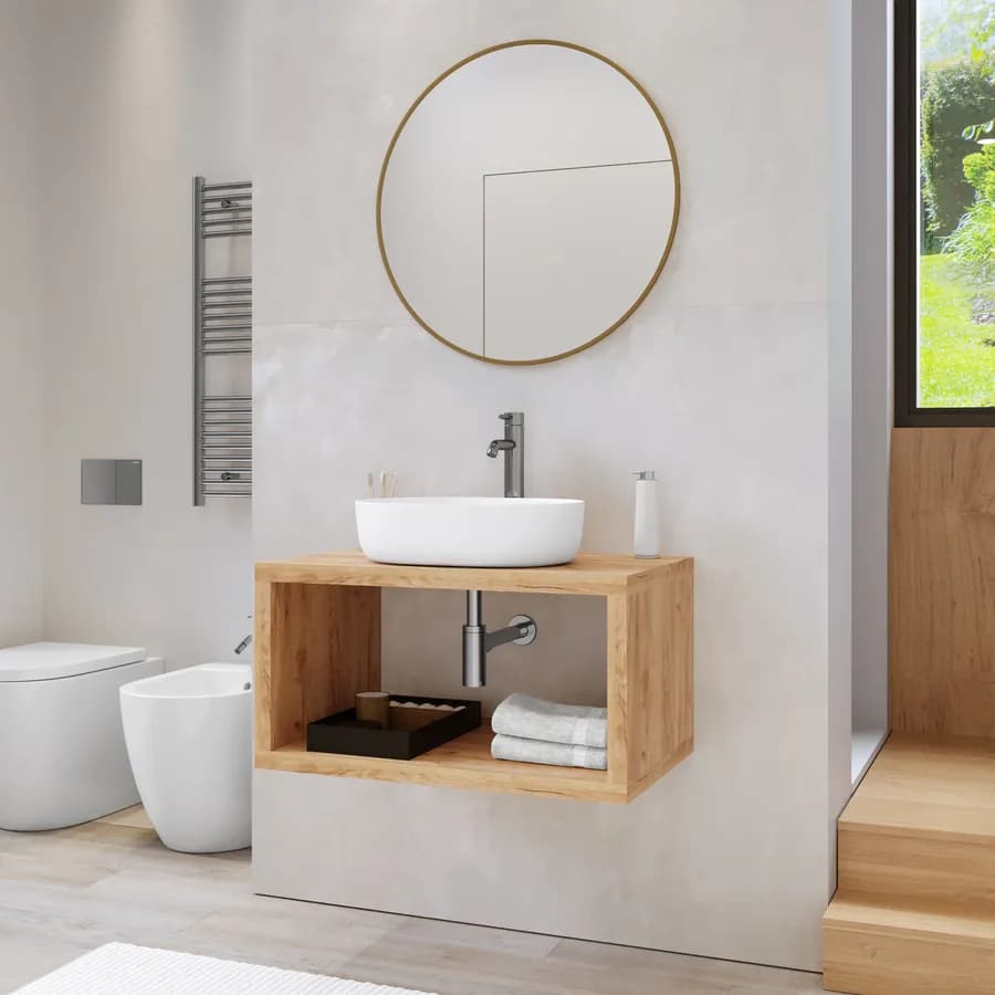 Mensolone bagno sospeso 80 cm con vano a giorno in legno rovere gold - Plain