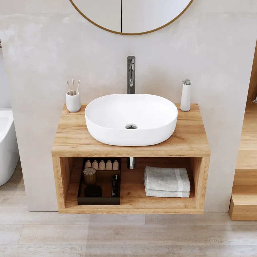 Mensolone bagno sospeso 80 cm con vano a giorno in legno rovere gold - Plain