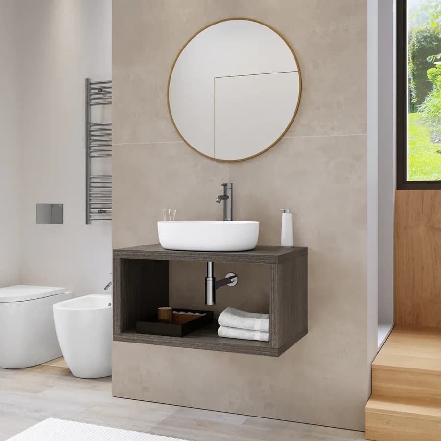 Mensolone bagno sospeso 80 cm con vano a giorno in legno rovere grigio - Plain