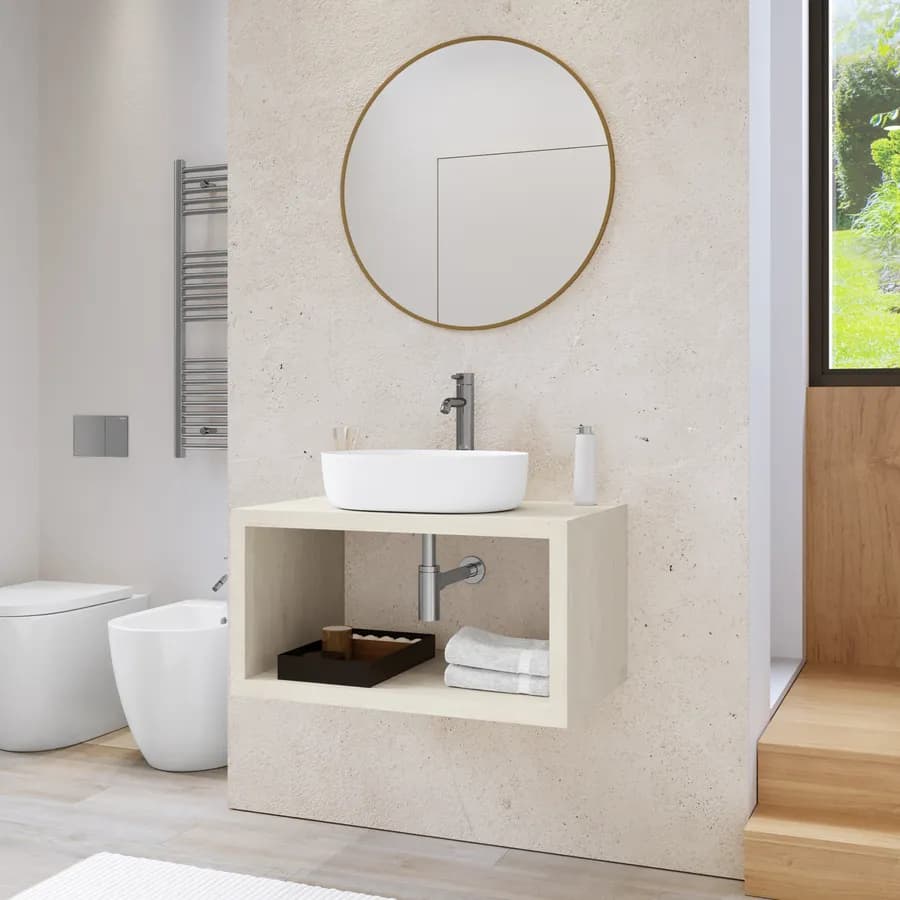 Mensolone bagno sospeso 90 cm con vano a giorno in legno rovere bianco - Plain