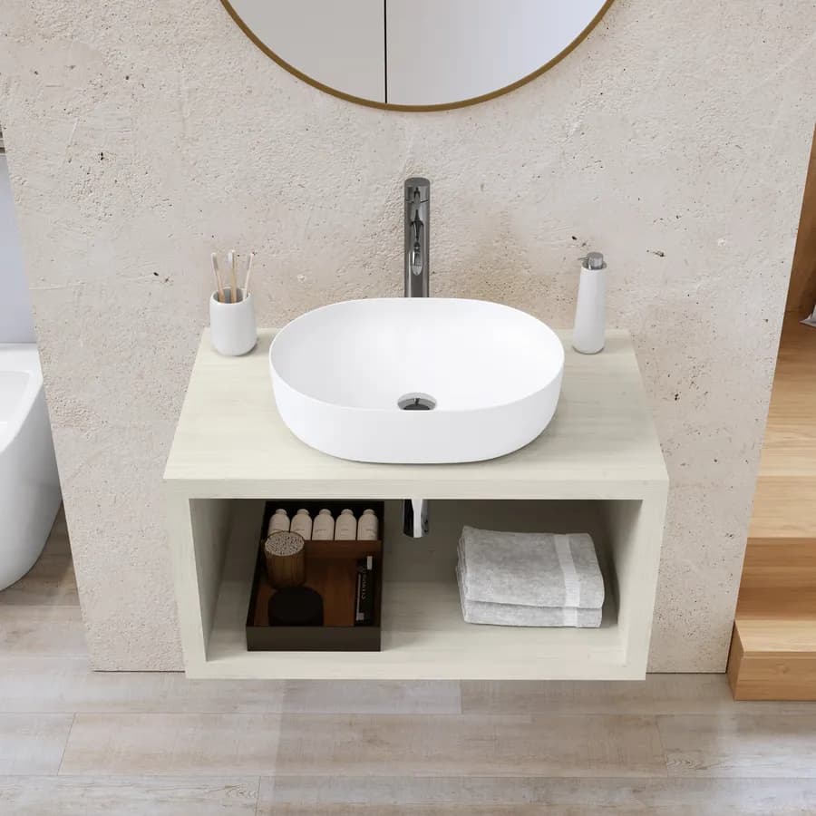 Mensolone bagno sospeso 90 cm con vano a giorno in legno rovere bianco - Plain