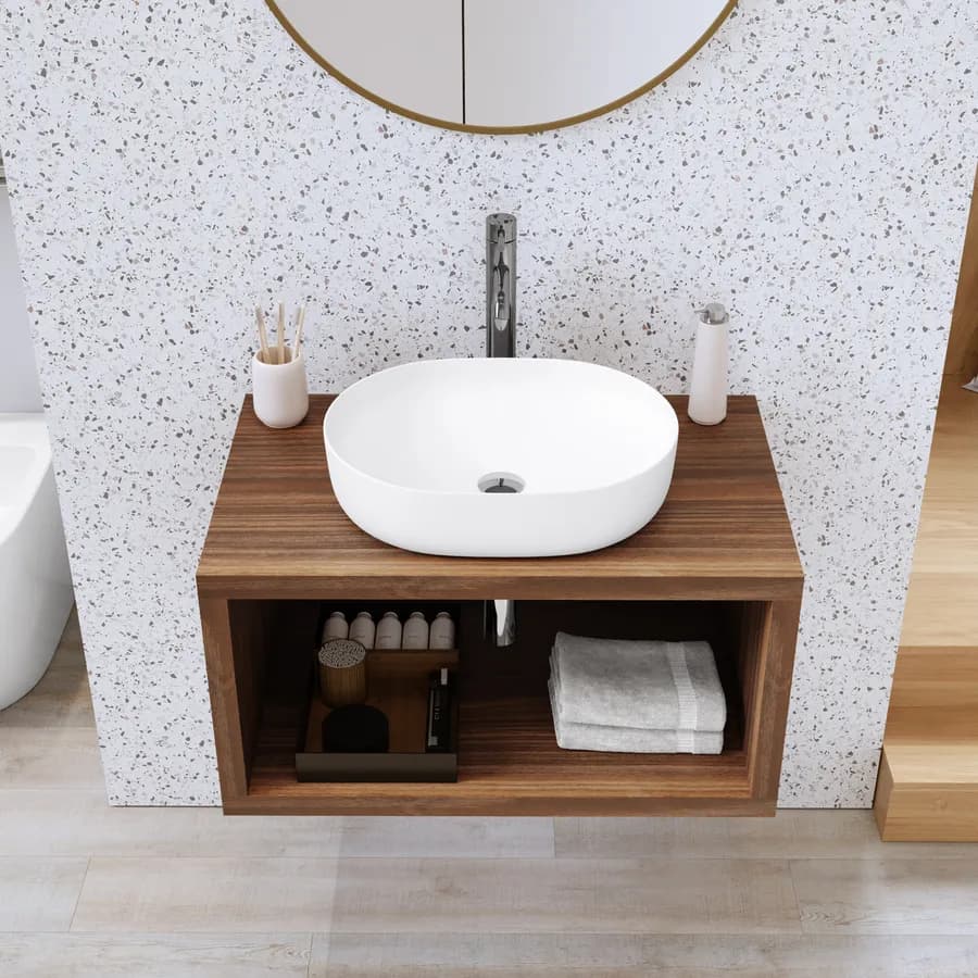 Mensolone bagno sospeso 90 cm con vano a giorno in legno rovere deciso - Plain