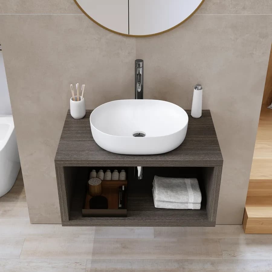 Mensolone bagno sospeso 90 cm con vano a giorno in legno rovere grigio - Plain