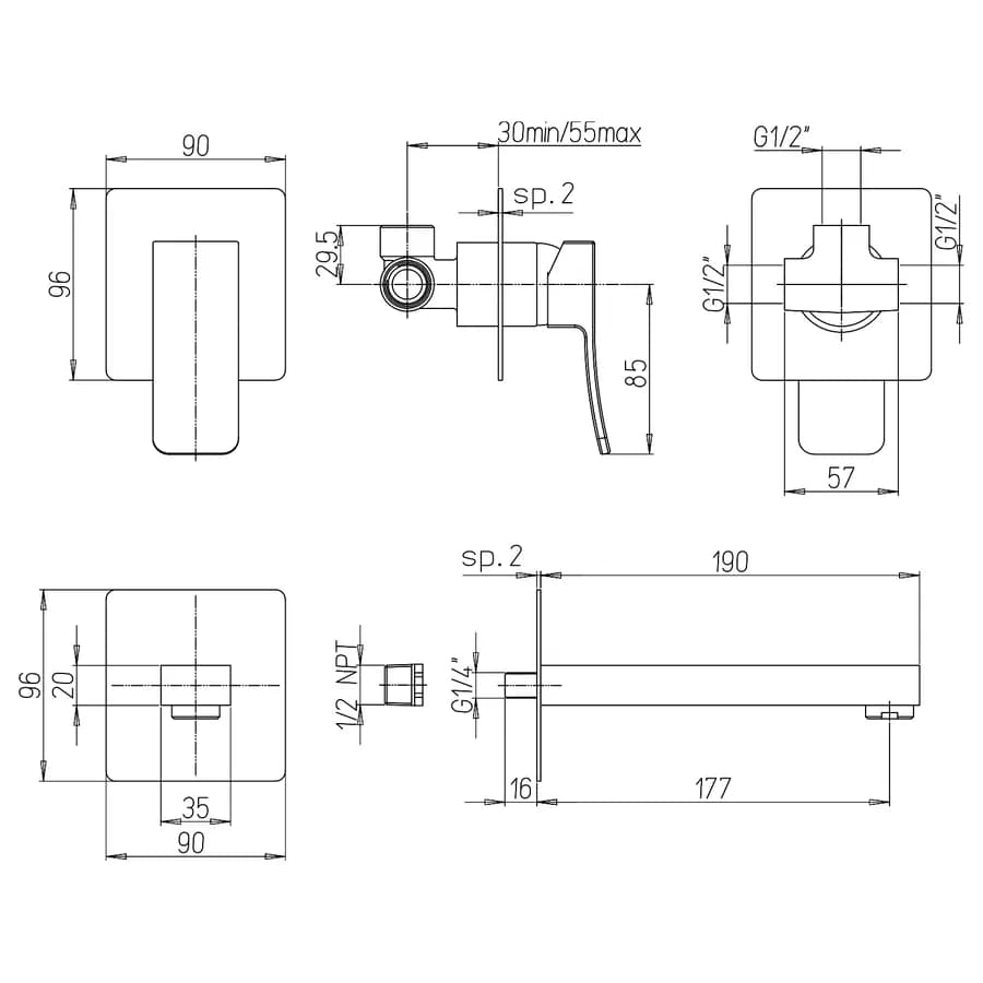 Miscelatore lavabo a muro design squadrato bocca 19 cm cromato - Tanka di Jacuzzi Rubinetteria