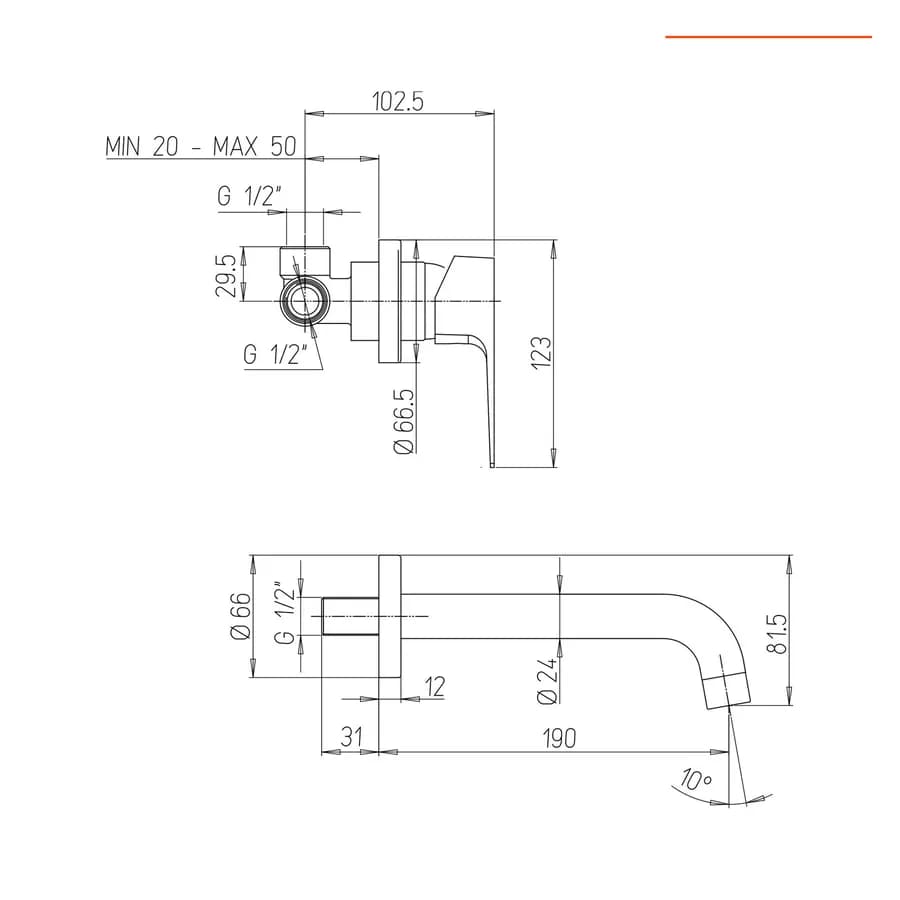 Miscelatore lavabo a muro canna 19 cm cromato - Inca di Jacuzzi - Rubinetteria