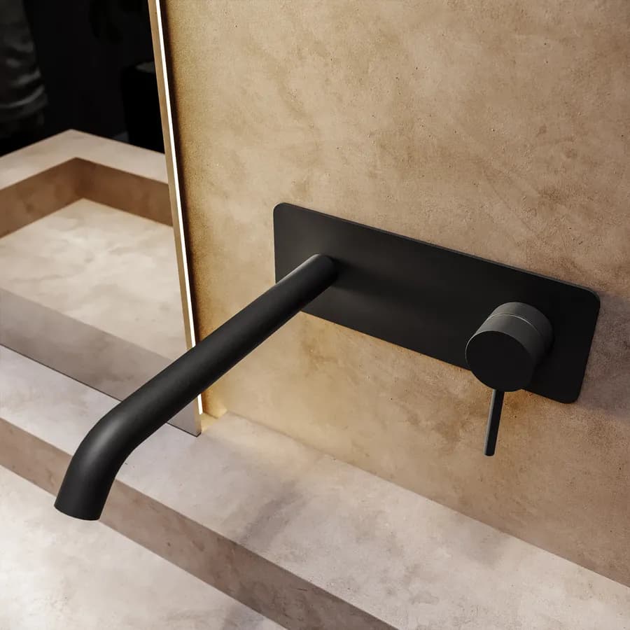 Miscelatore lavabo a muro canna 20 cm con piastra nero opaco – Ran