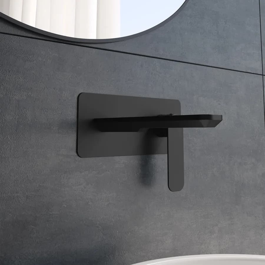 Miscelatore lavabo a muro canna 20 cm con piastra nero opaco – Fusion